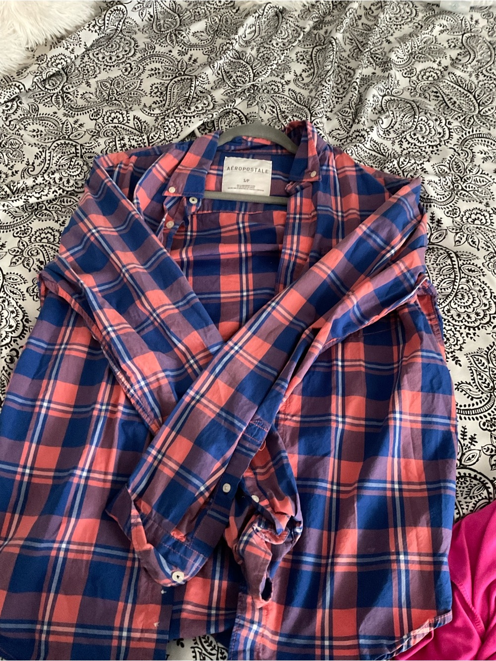 Aeropostale Men's Navy and Coral Plaid Button-Down Shirt